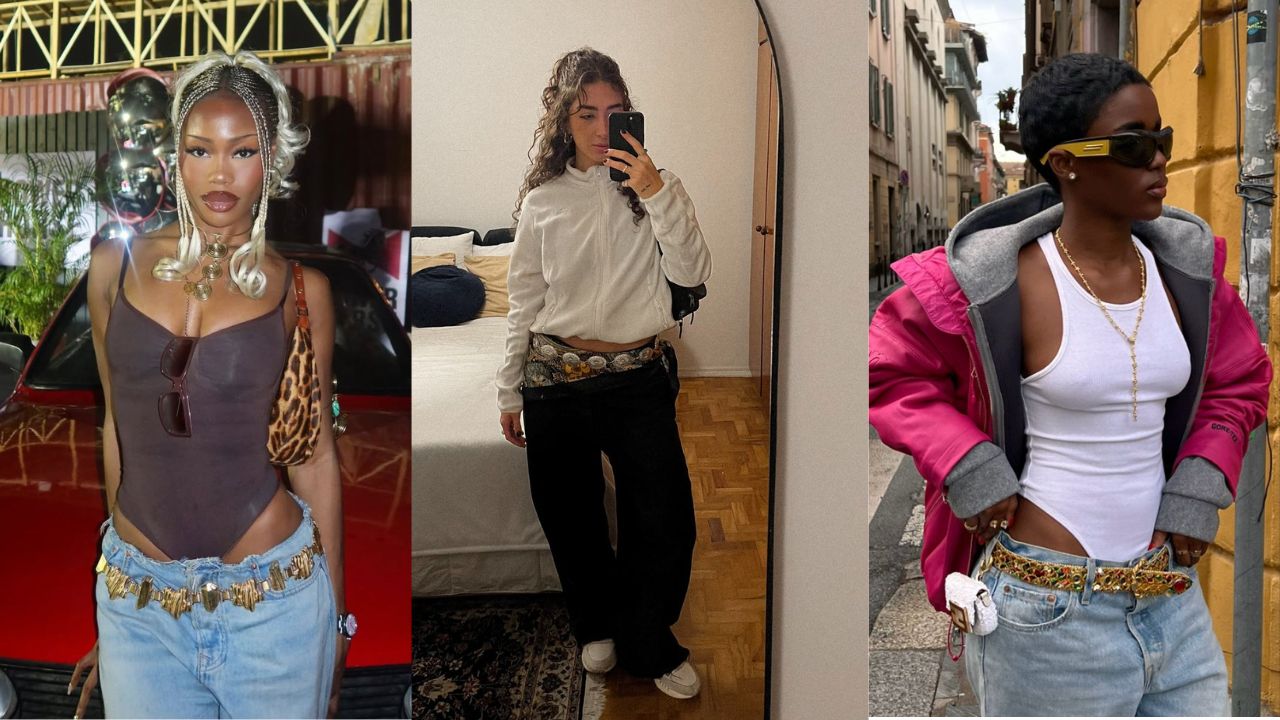 Tr&ecirc;s imagens de mulheres usando cal&ccedil;a de cintura baixa com cintos diferentes