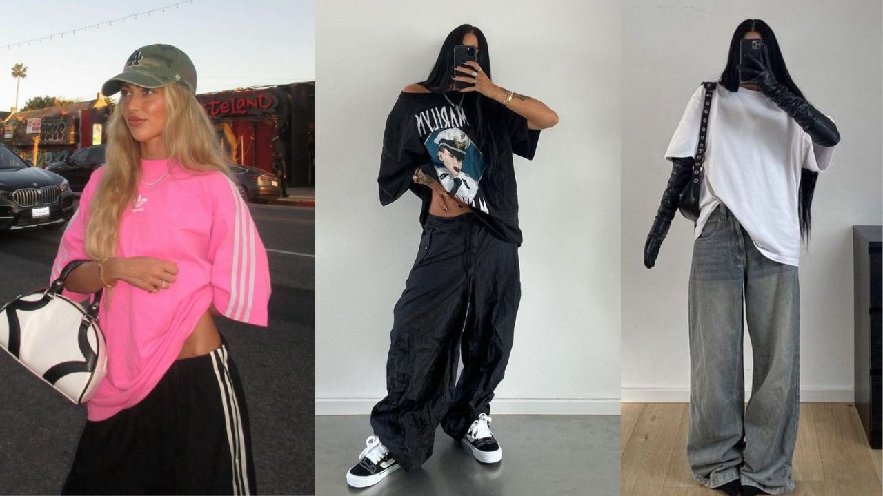 Tr&ecirc;s imagens de mulheres usando cal&ccedil;a de cintura baixa com camiseta estilo oversized