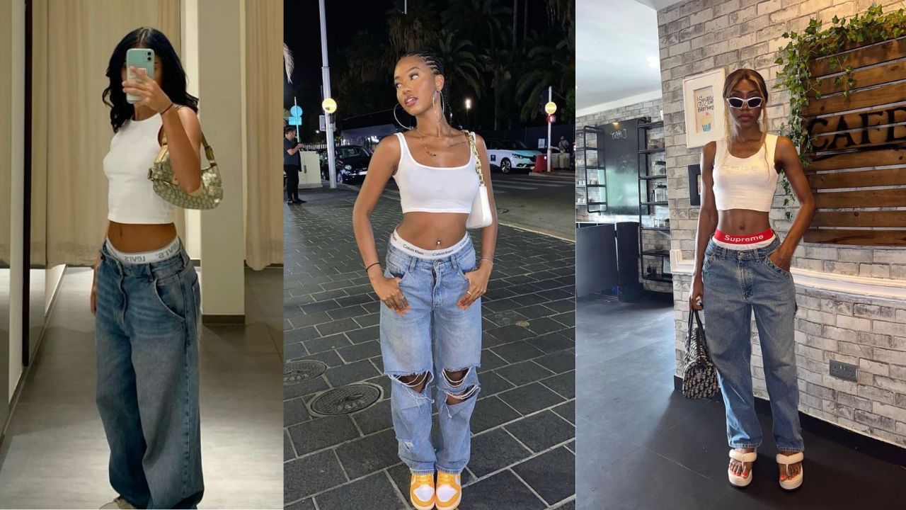 Tr&ecirc;s imagens de mulheres usando cal&ccedil;a de cintura baixa com calcinha a mostra