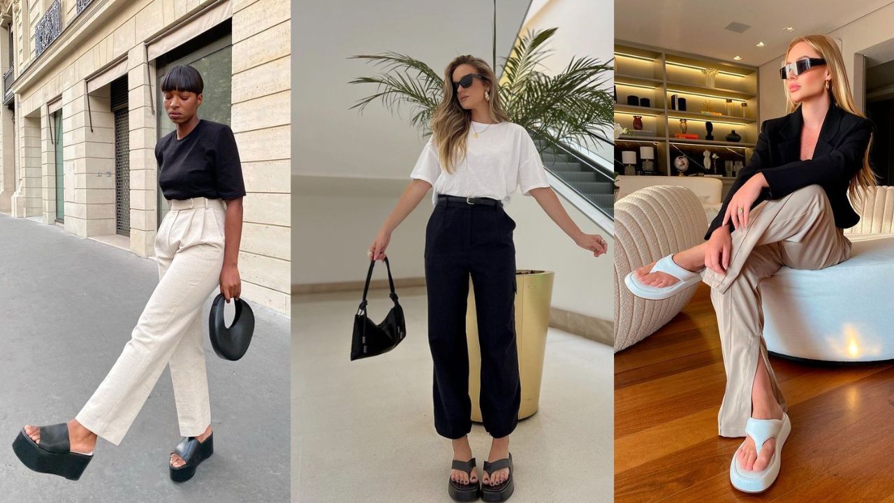 Tr&ecirc;s imagens de mulheres combinando chinelo de plataforma com looks formais