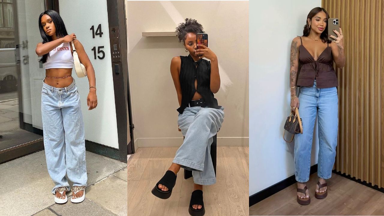 Tr&ecirc;s imagens de mulheres combinando chinelo de plataforma com cal&ccedil;a jeans