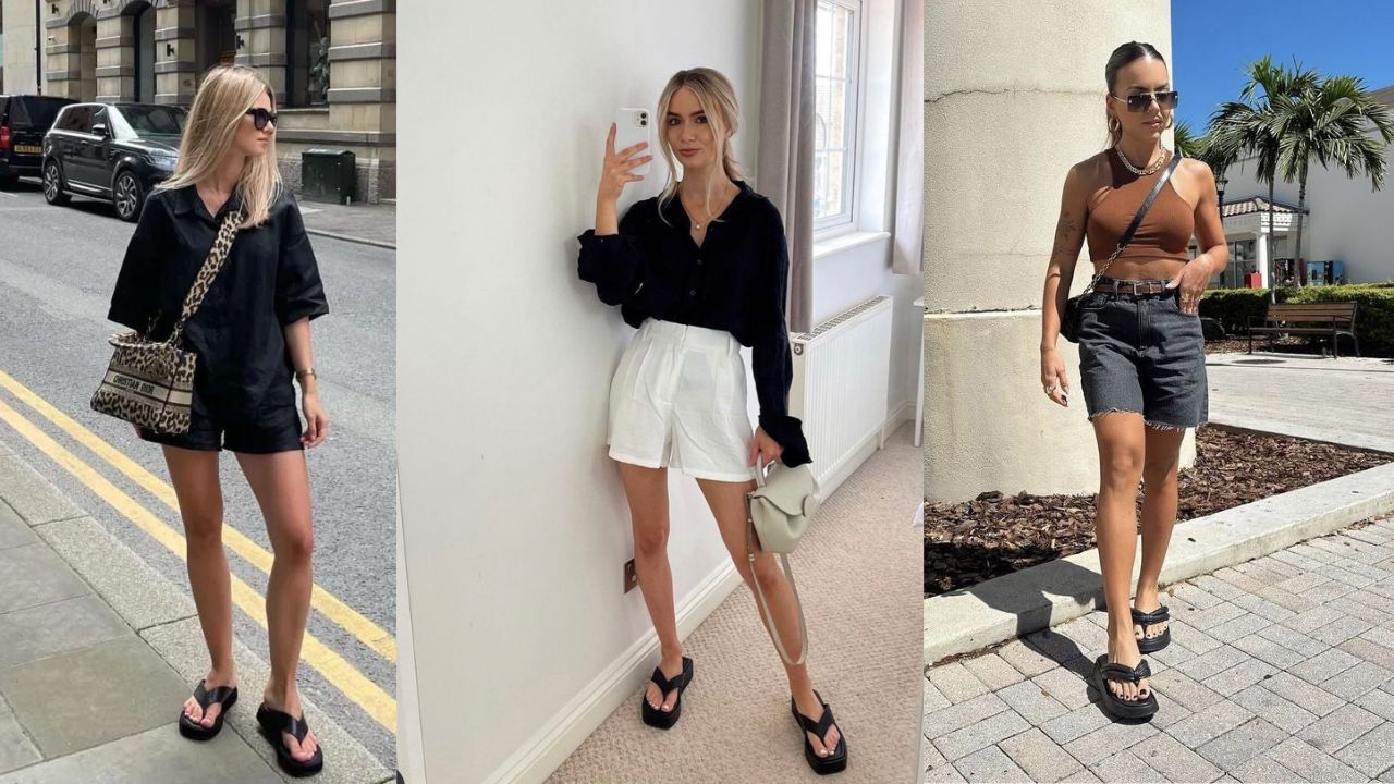 Tr&ecirc;s imagens de mulheres combinando chinelo de plataforma com shorts
