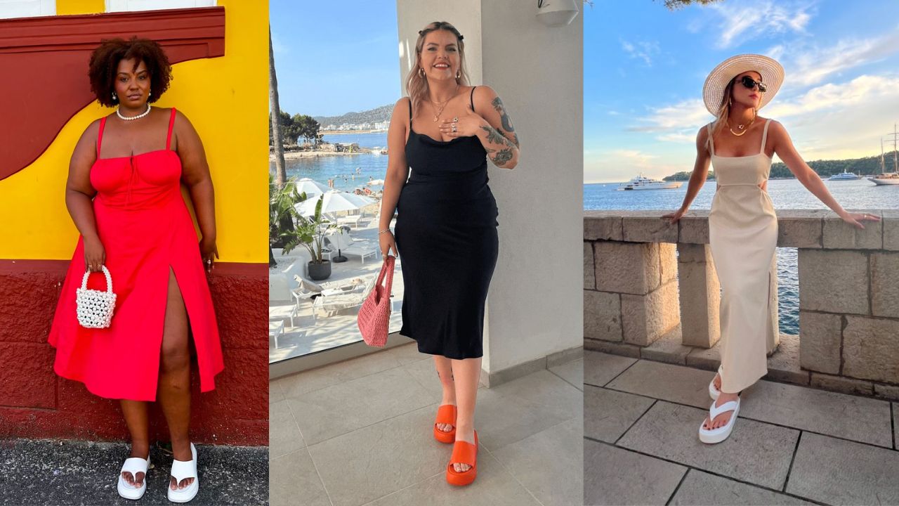 Tr&ecirc;s imagens de mulheres combinando chinelo de plataforma com vestido