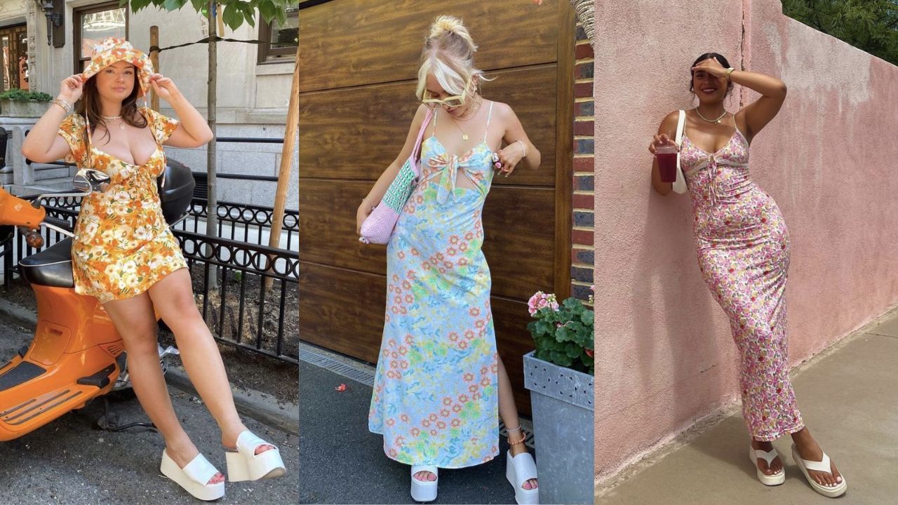 Tr&ecirc;s imagens de mulheres combinando chinelo de plataforma com roupas florais