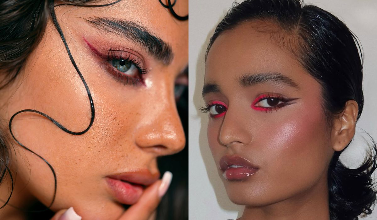 Duas imagens mostram delineados rosa