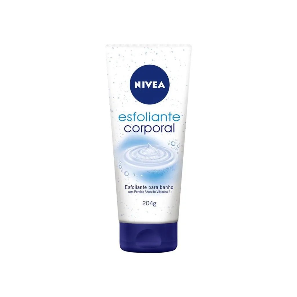 Imagem de esfoliante corporal da Nivea baratinho. A embalagem é branca com azul.