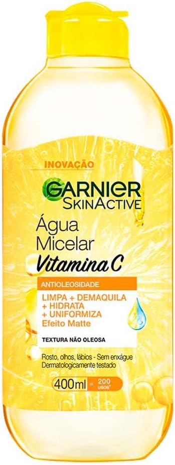 Garnier SkinActive, Água Micelar Antioleosidade com Vitamina C, Remove a Maquiagem e Ilumina a Pele com Ação Hidratante, Tonificante e Fórmula Oil Free