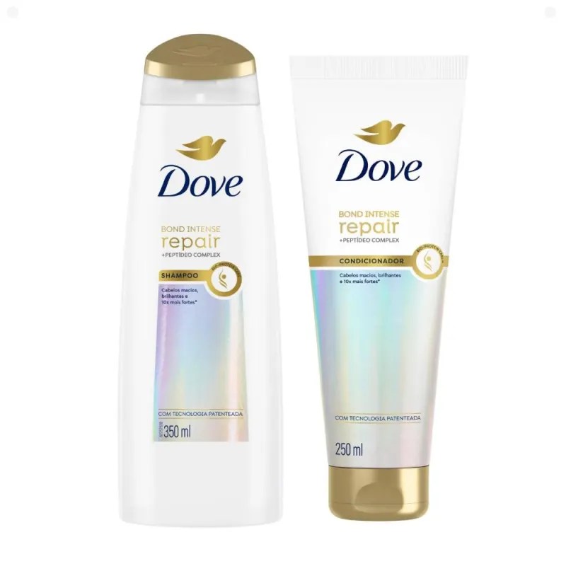 Imagem mostra shampoo e condicionador da Dove, linha Bond Repair, que deixa o cabelo desmaiado e hidratado. As embalagens são nas cores branco, azul e dourado.