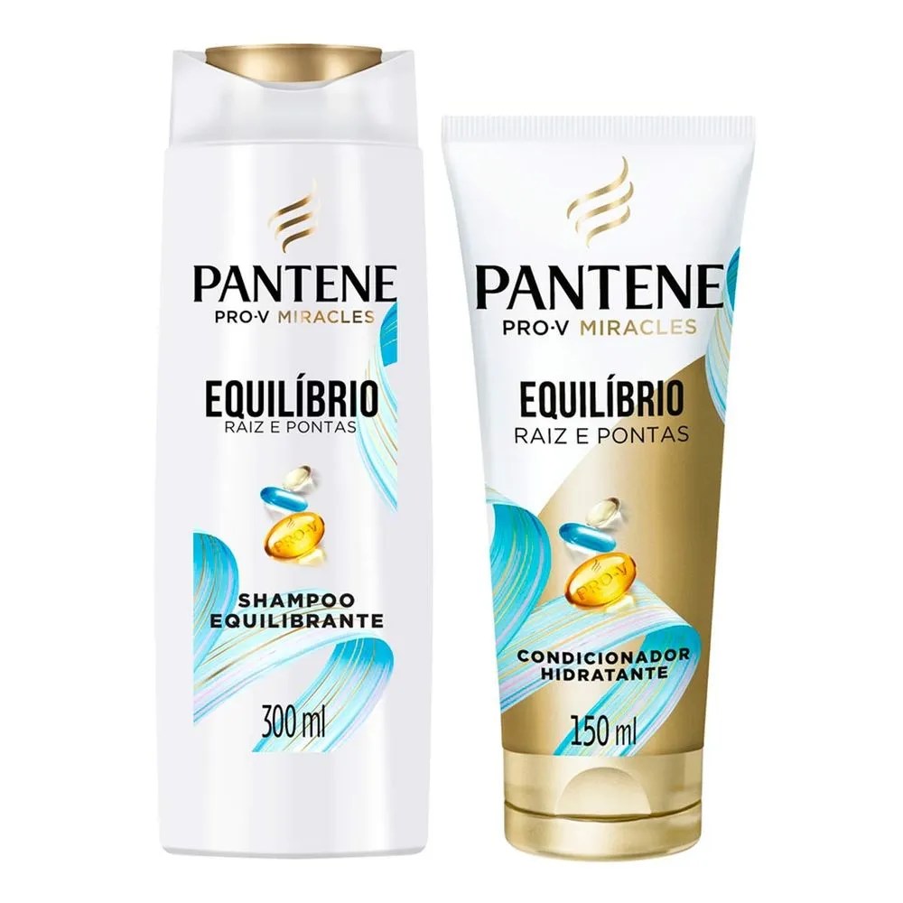 Imagem mostra shampoo e condicionador da Pantene, linha Equilíbrio para cabelos mistos e oleosos, que deixa o cabelo desmaiado e hidratado. As embalagens são nas cores branco, azul e dourado.