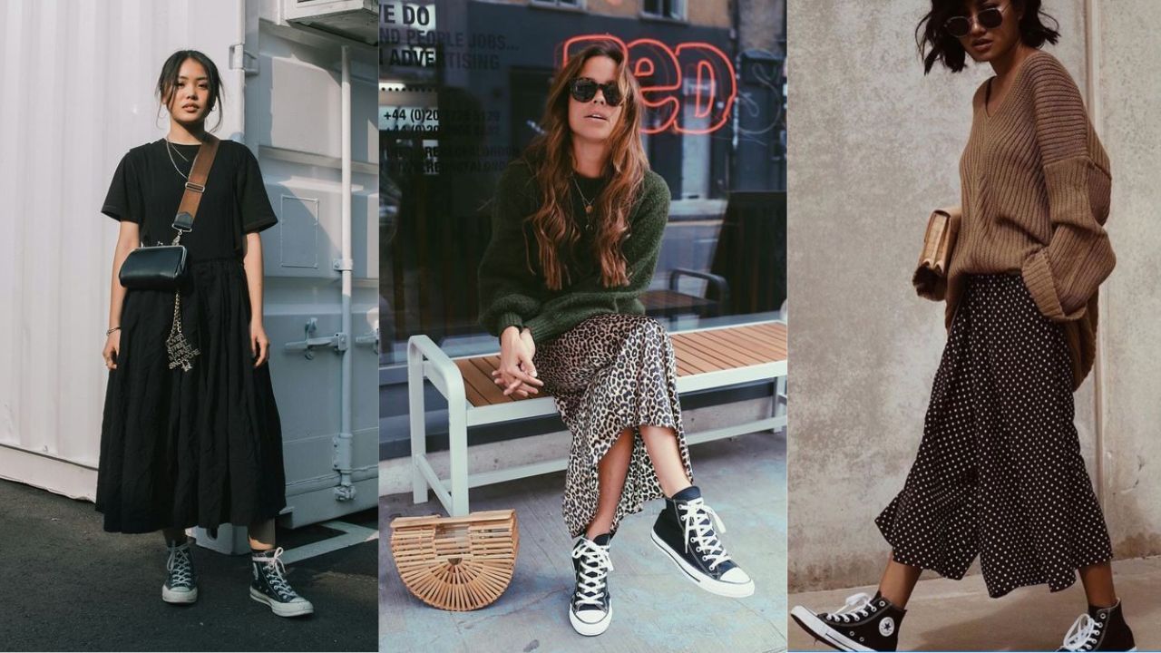Tr&ecirc;s imagens de mulheres usando all star de cano longo em looks com saia longa