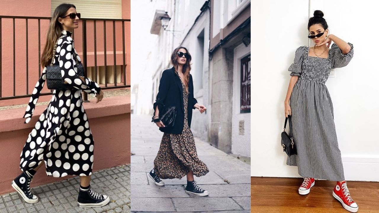 Tr&ecirc;s imagens de mulheres usando all star de cano longo em looks com vestido