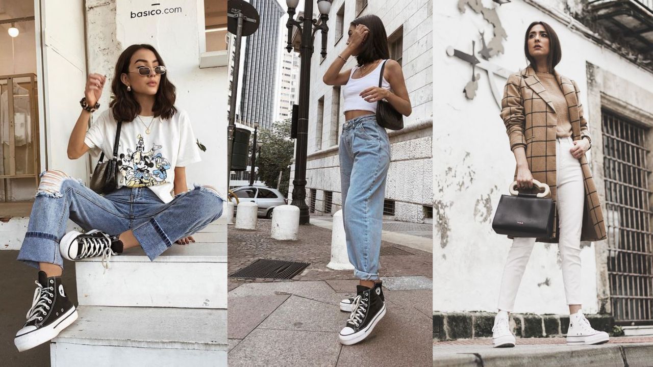 Tr&ecirc;s imagens de mulheres usando all star de cano longo em looks com cal&ccedil;a jeans