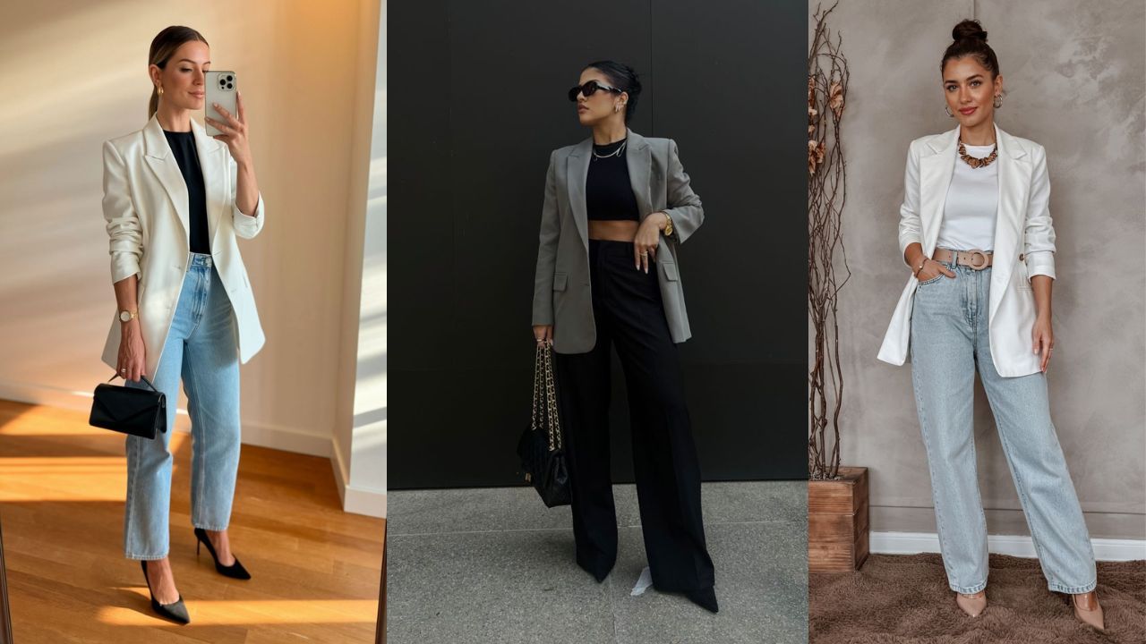 Tr&ecirc;s imagens de mulheres utilizando looks com blazer