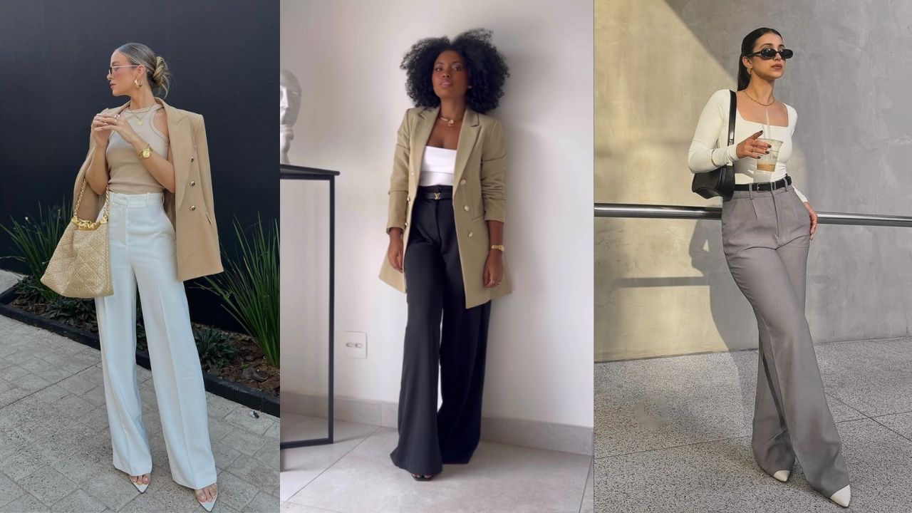 Tr&ecirc;s imagens de mulheres utilizando looks com cal&ccedil;a de alfaiataria