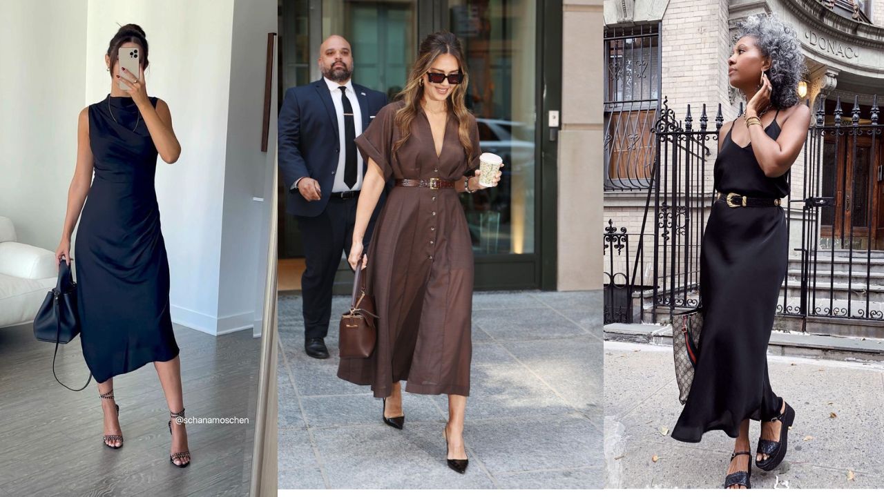 Tr&ecirc;s imagens de mulheres utilizando looks com vestidos para o trabalho