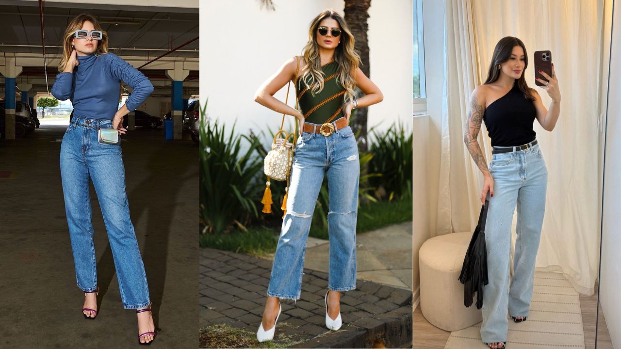 Tr&ecirc;s imagens de mulheres utilizando looks com cal&ccedil;a jeans estruturada