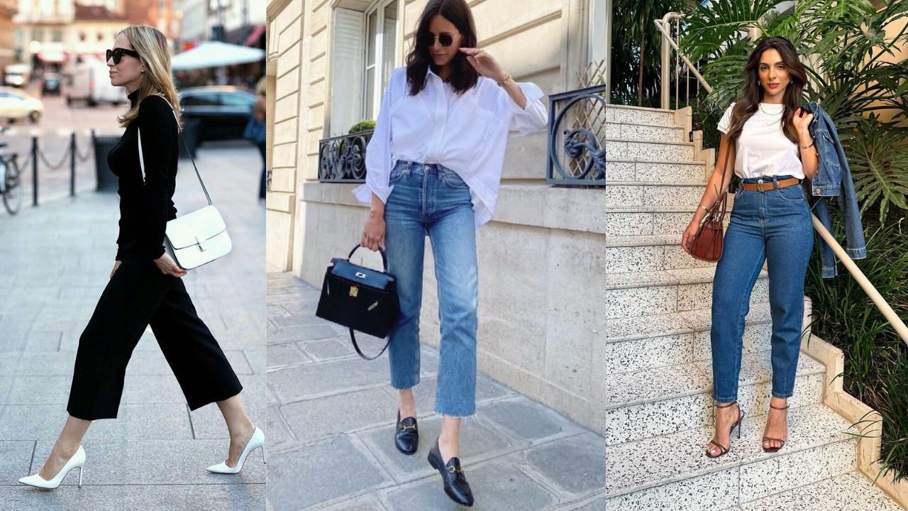 Tr&ecirc;s imagens de mulheres utilizando looks com scarpin, mocassim e sandalia de tira