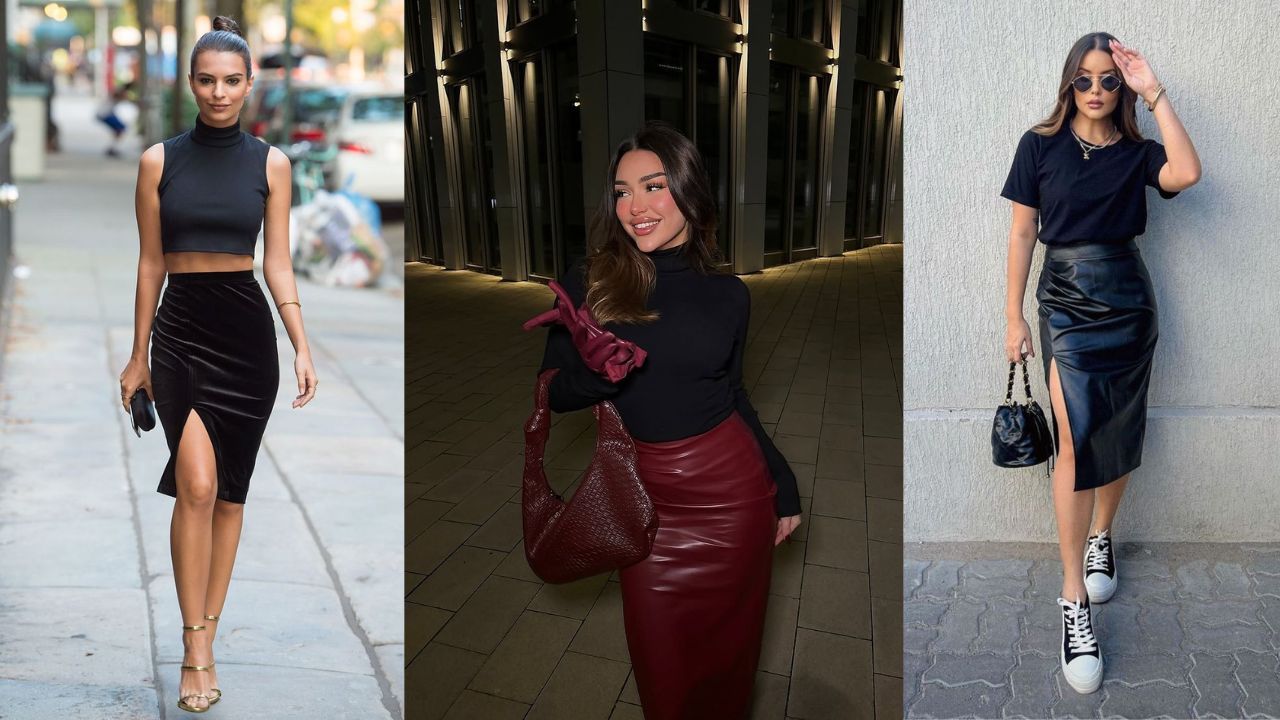 Tr&ecirc;s imagens de mulheres utilizando saia l&aacute;pis