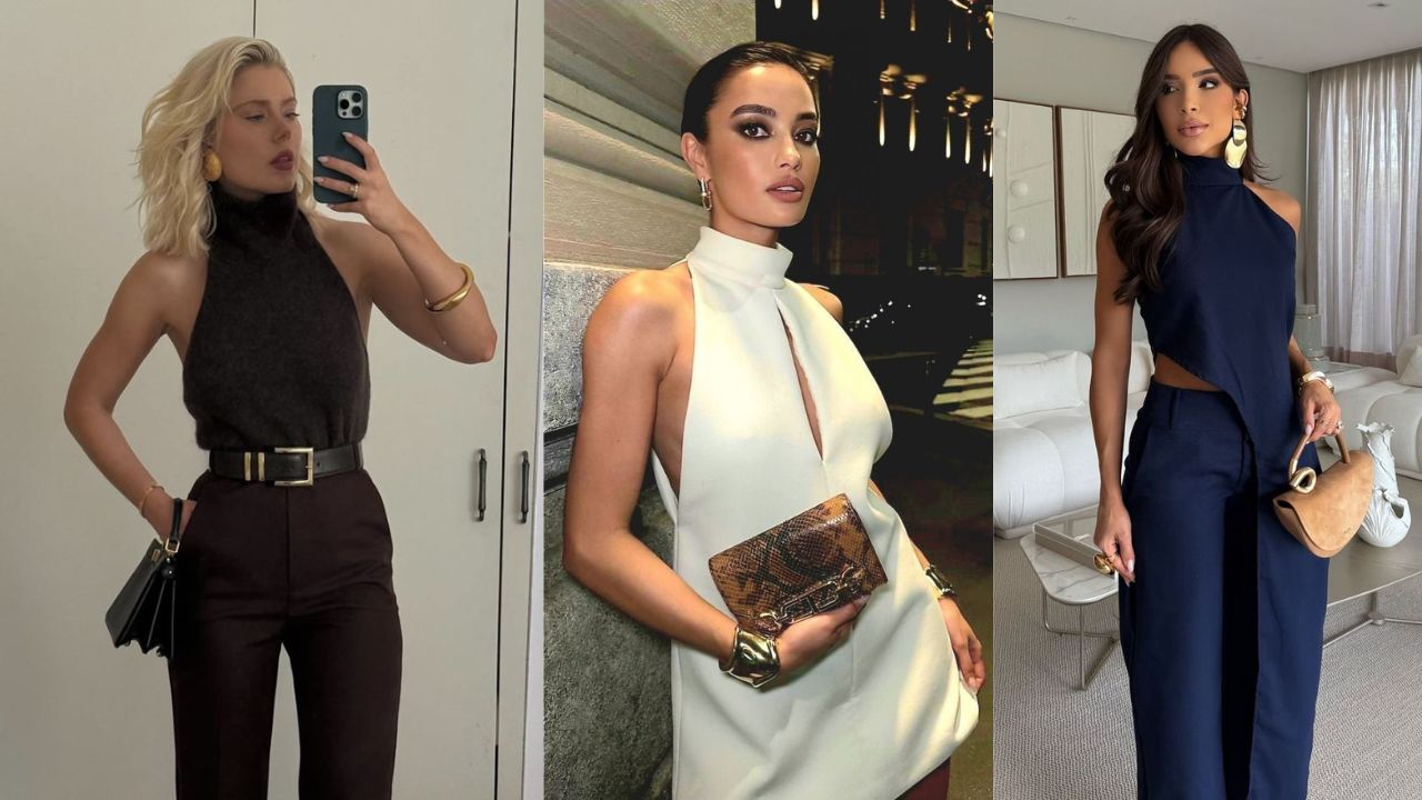 Tr&ecirc;s imagens de mulheres vestidos roupas de frente &uacute;nica