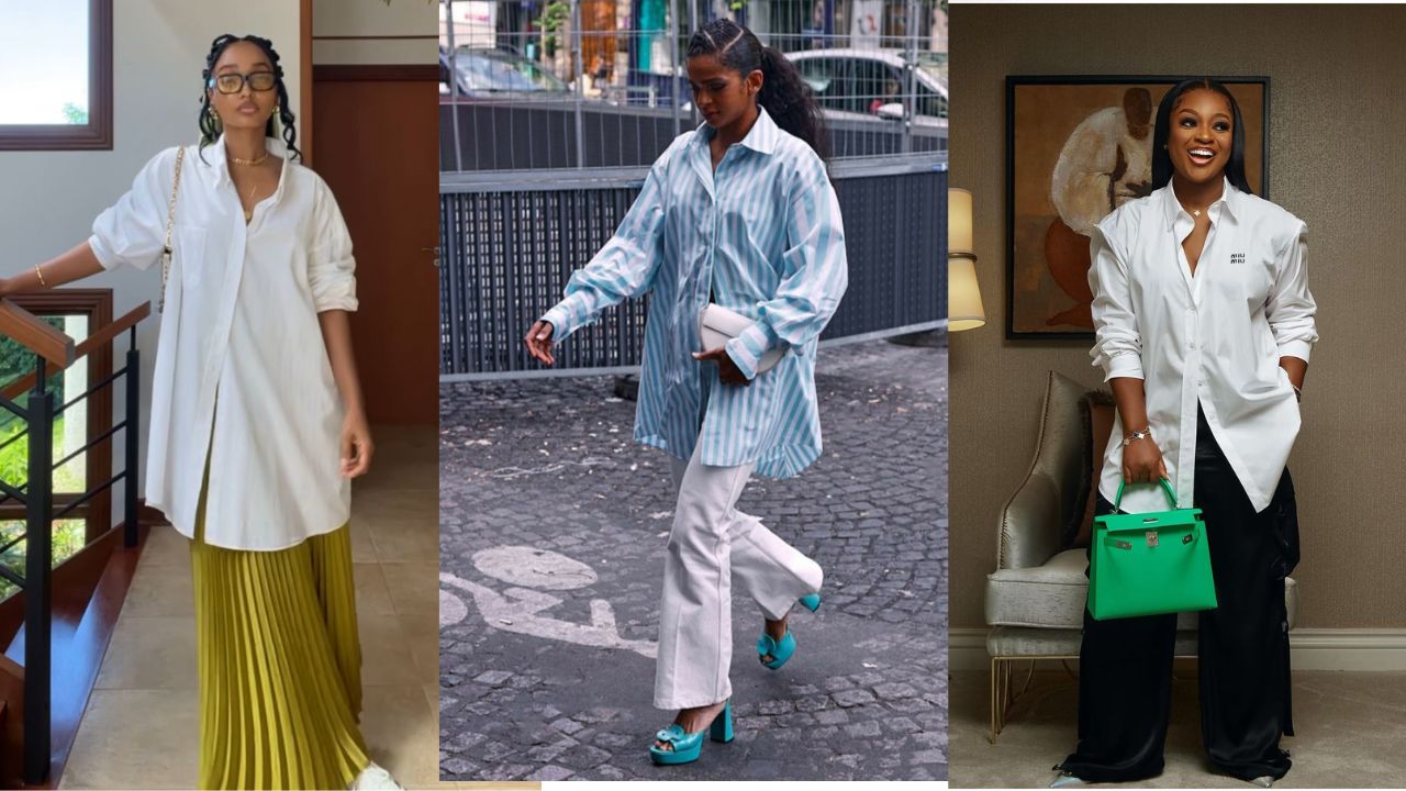 Tr&ecirc;s imagens de mulheres usando camisa oversized para o trabalho