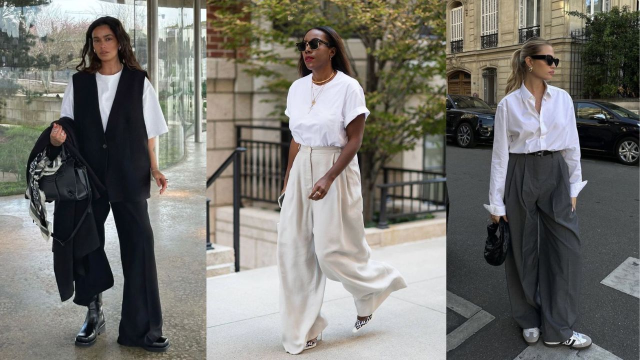 Tr&ecirc;s imagens de mulheres usando roupas de alfaiataria oversized