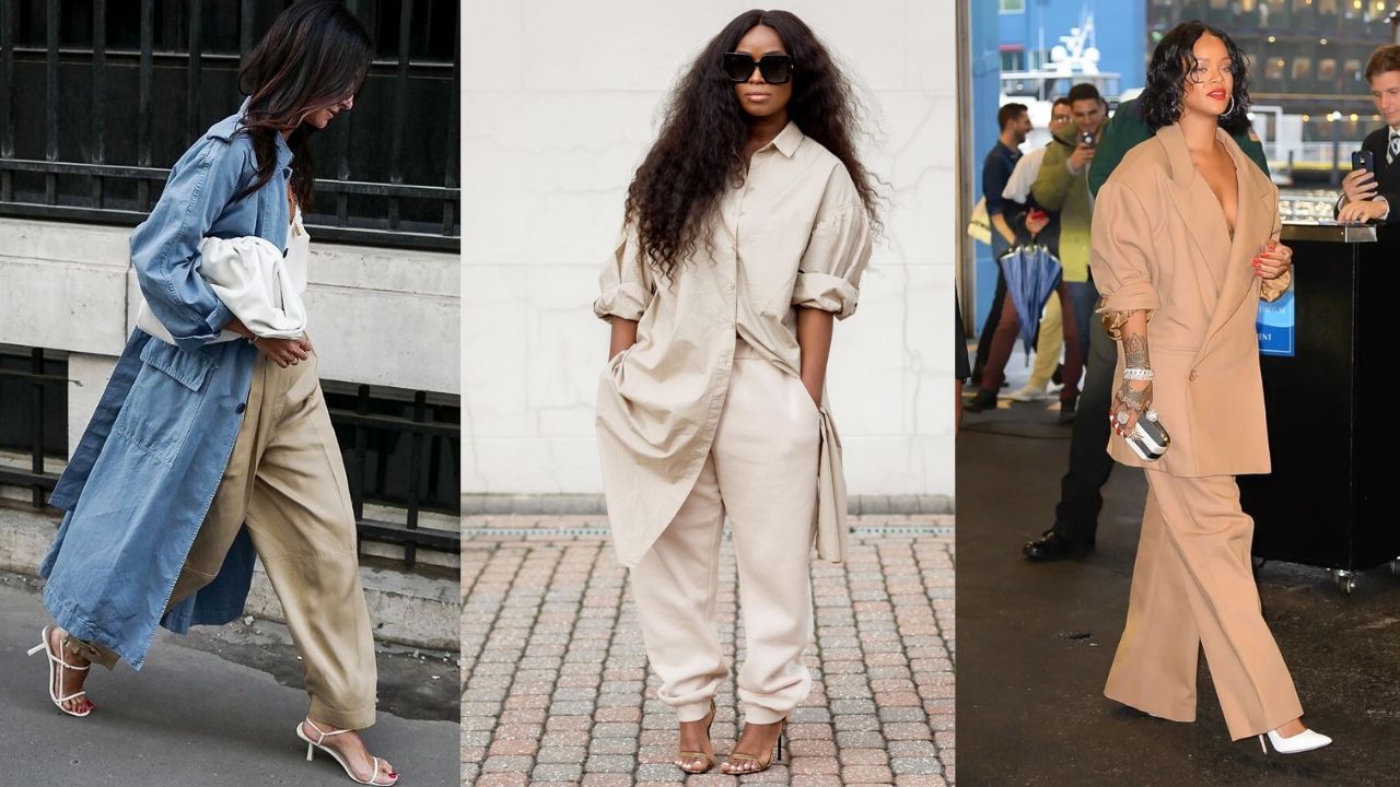 Tr&ecirc;s imagens de mulheres usando roupas oversized e salto