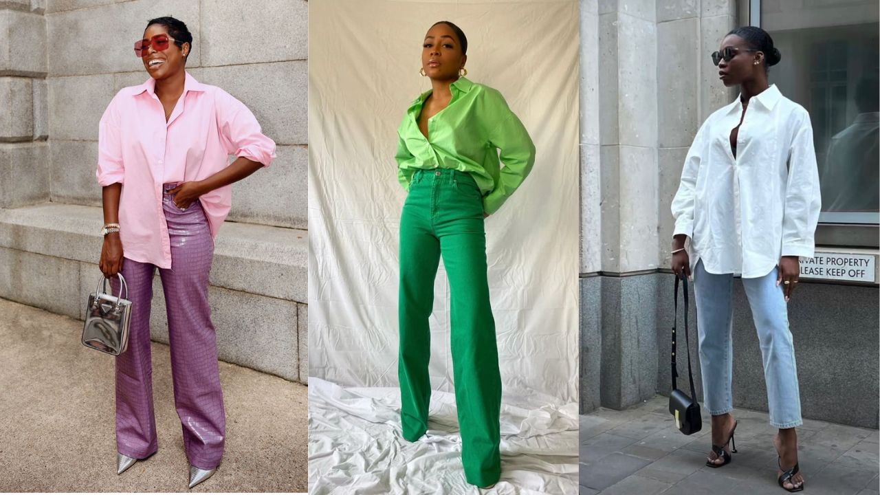 Tr&ecirc;s imagens de mulheres combinado pe&ccedil;as oversized com pe&ccedil;as mais estruturadas para o trabalho