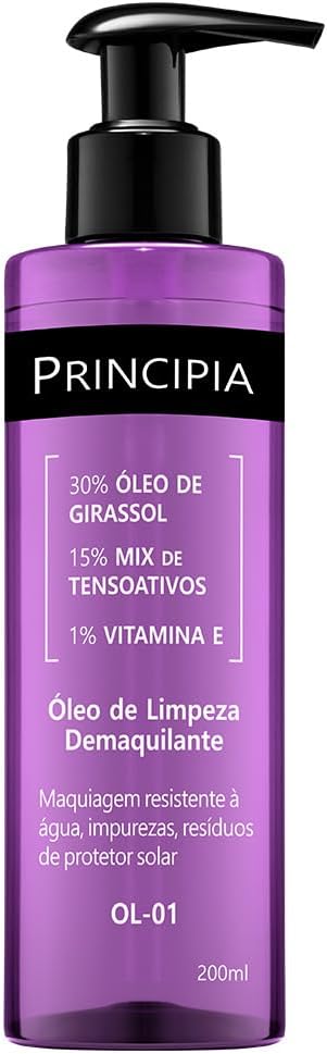 Óleo de limpeza demaquilante com 30% de óleo de girassol, 15% mix de tensoativos e 1% vitamina E, com alta eficácia na remoção de maquiagem, inclusive resistente a água, resíduos de protetor solar e impurezas da pele.