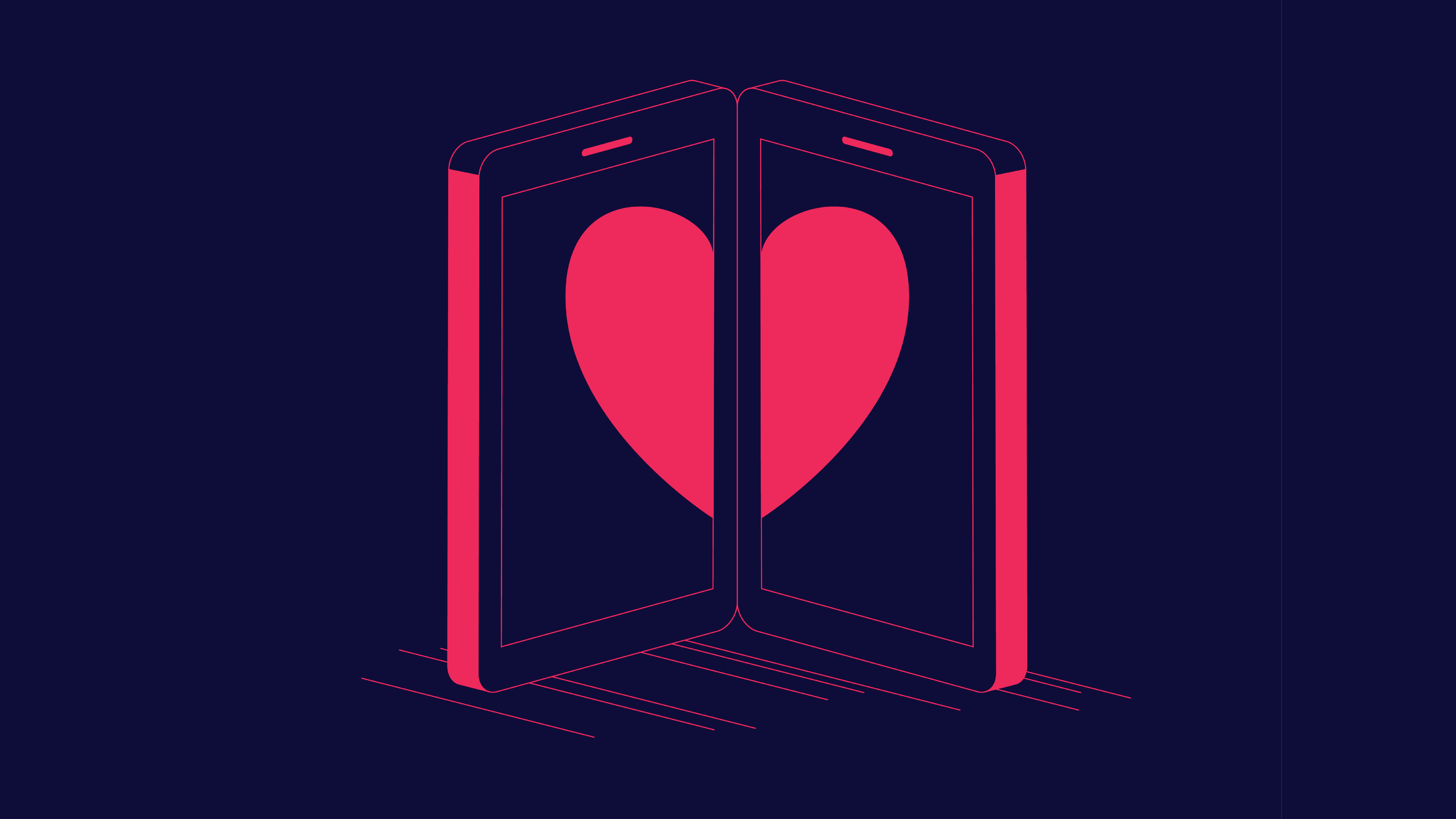 Imagem de dois celulares com um coração partido no meio, metade para cada.