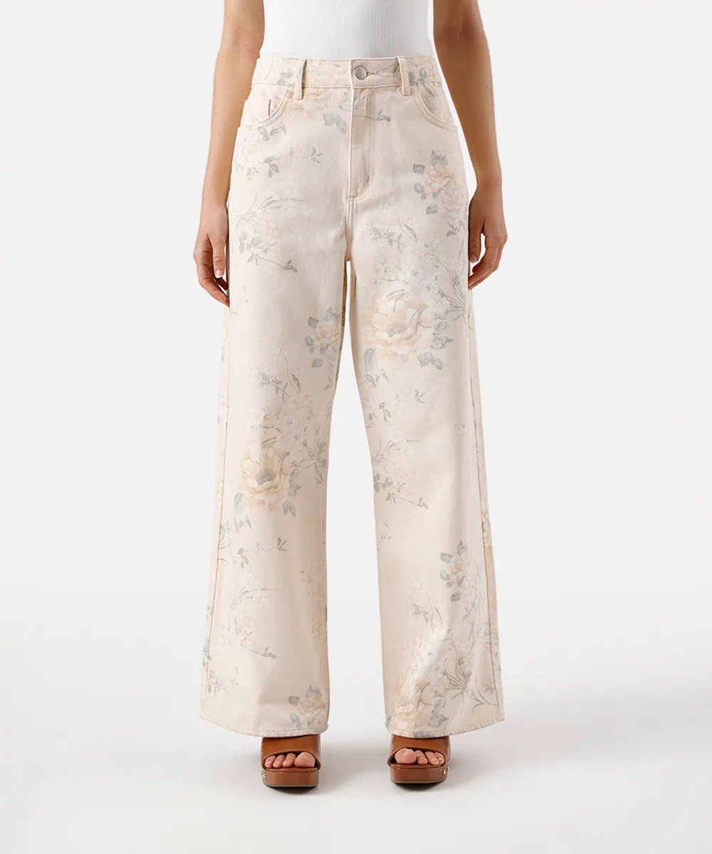 Calça wide leg branca com flores