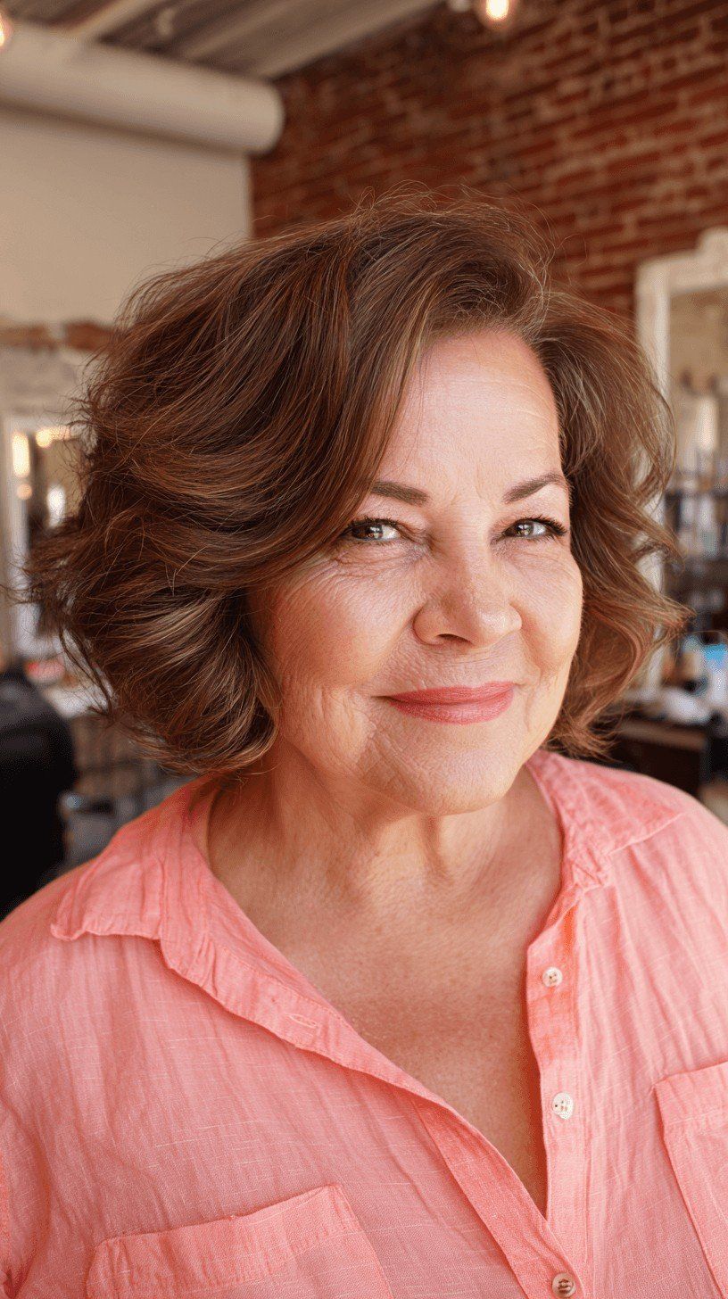 Imagem de corte bob em camadas em mulher madura.