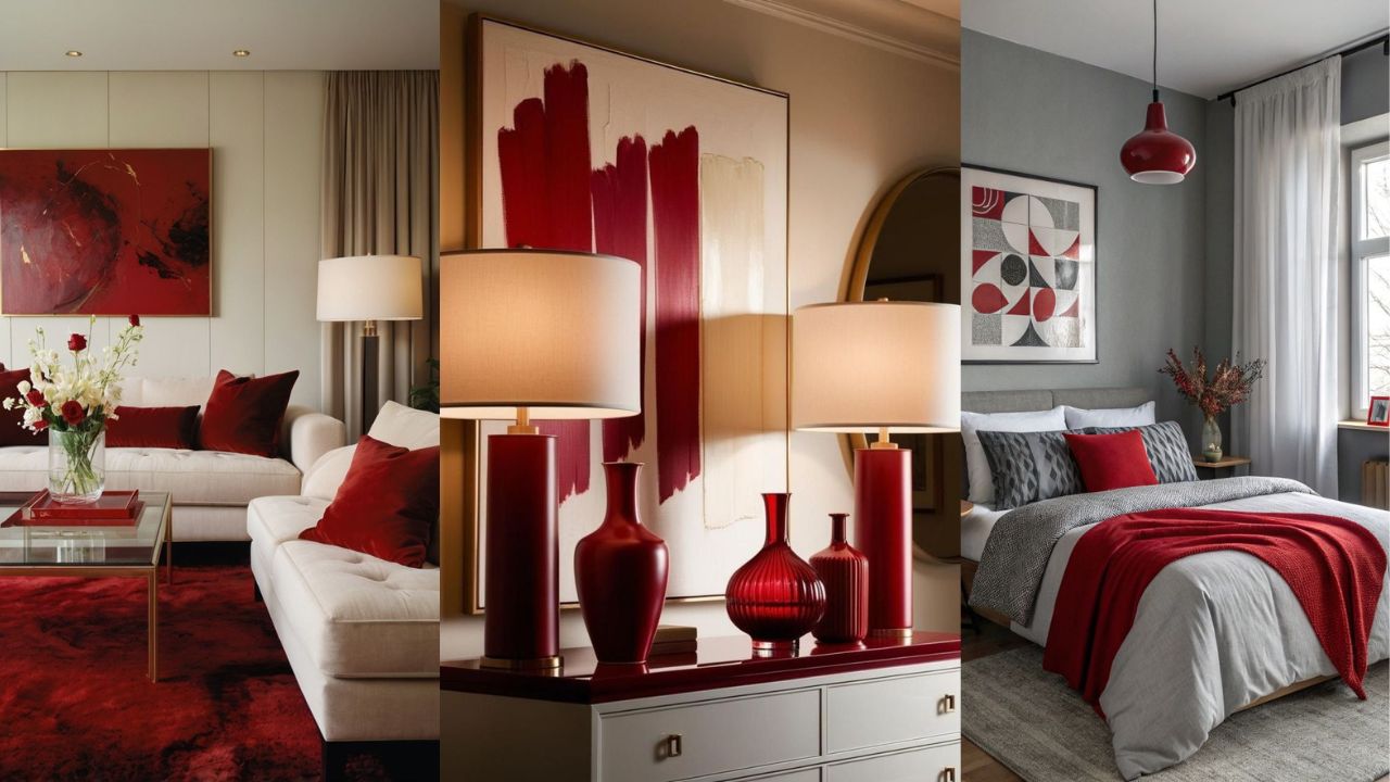 Três imagens de cômodos da casa com decorações cherry red