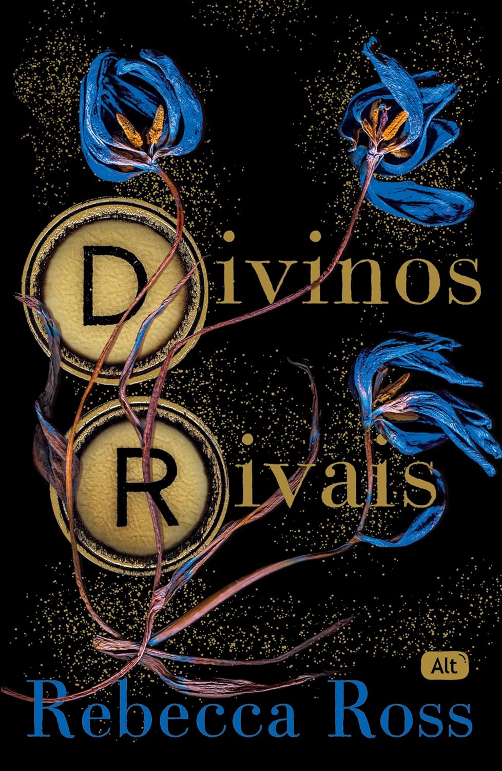 Capa preta do livro divinos rivais com detalhes em dourao e azul