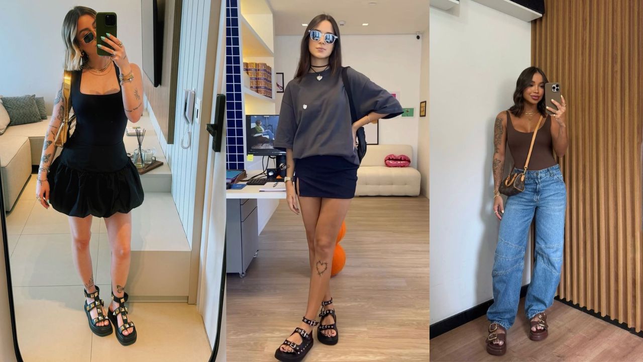 Tr&ecirc;s imagens de mulheres vistas de corpo inteiro usando diferentes modelos de papete