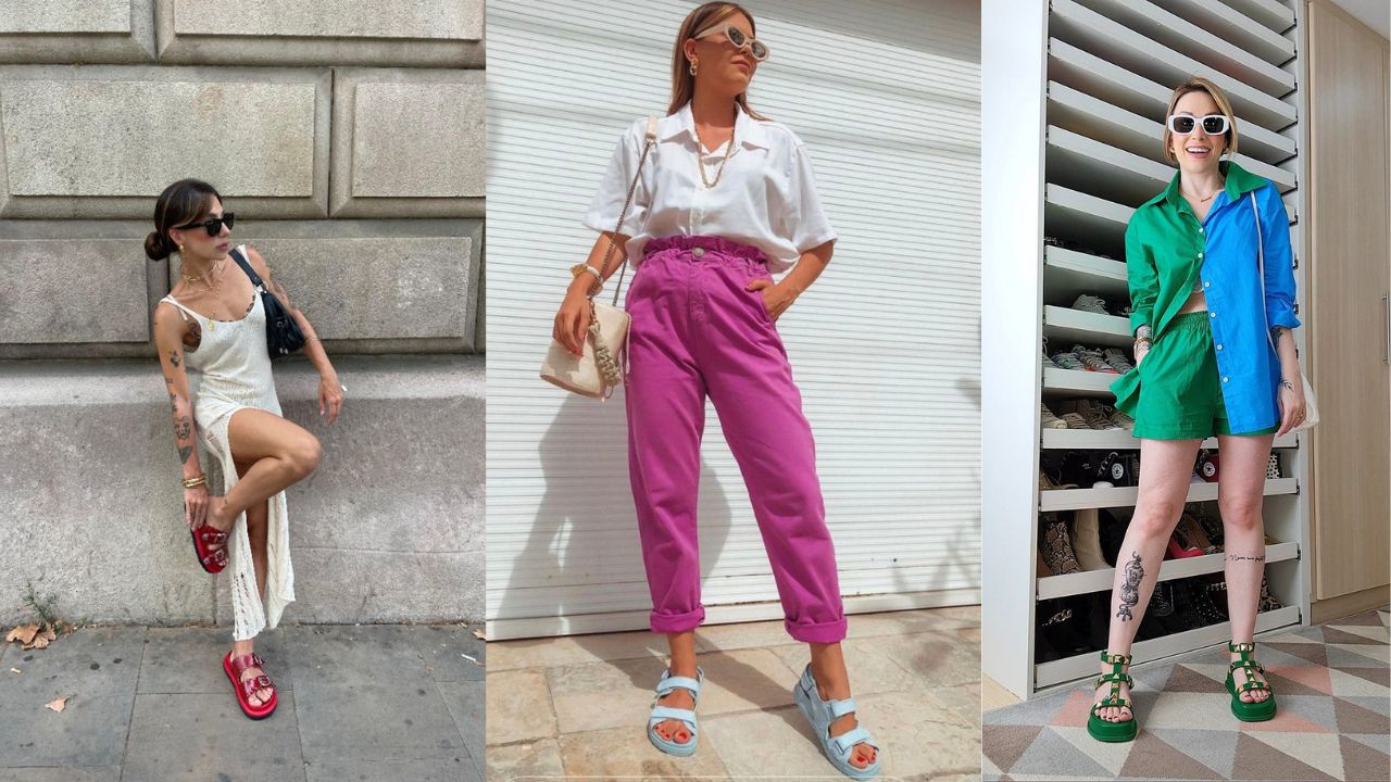 Tr&ecirc;s imagens de mulheres vistas de corpo inteiro usando diferentes modelos de papete