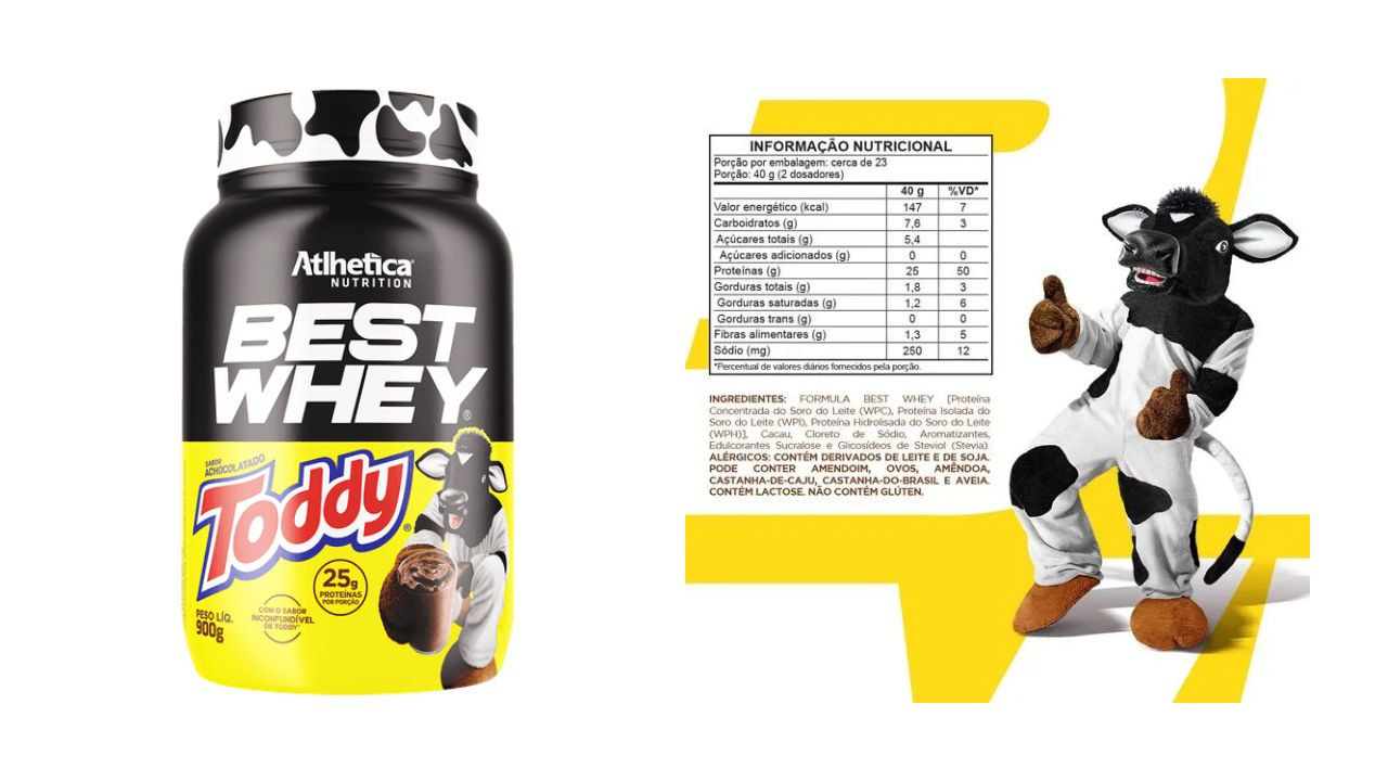 Imagem de embalagem de whey e tabela nutricional
