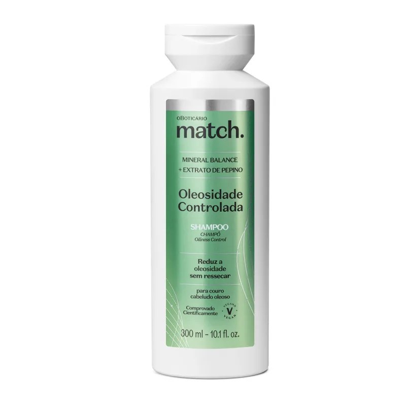 Imagem de shampoo para controle de oleosidade de O Boticário. A embalagem é branca, adesivo verde e letreiro preto.