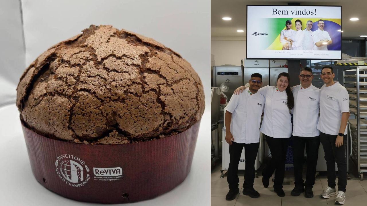 Imagem de panetone brasileiro premiado e ao lado uma imagem dos confeiteiros