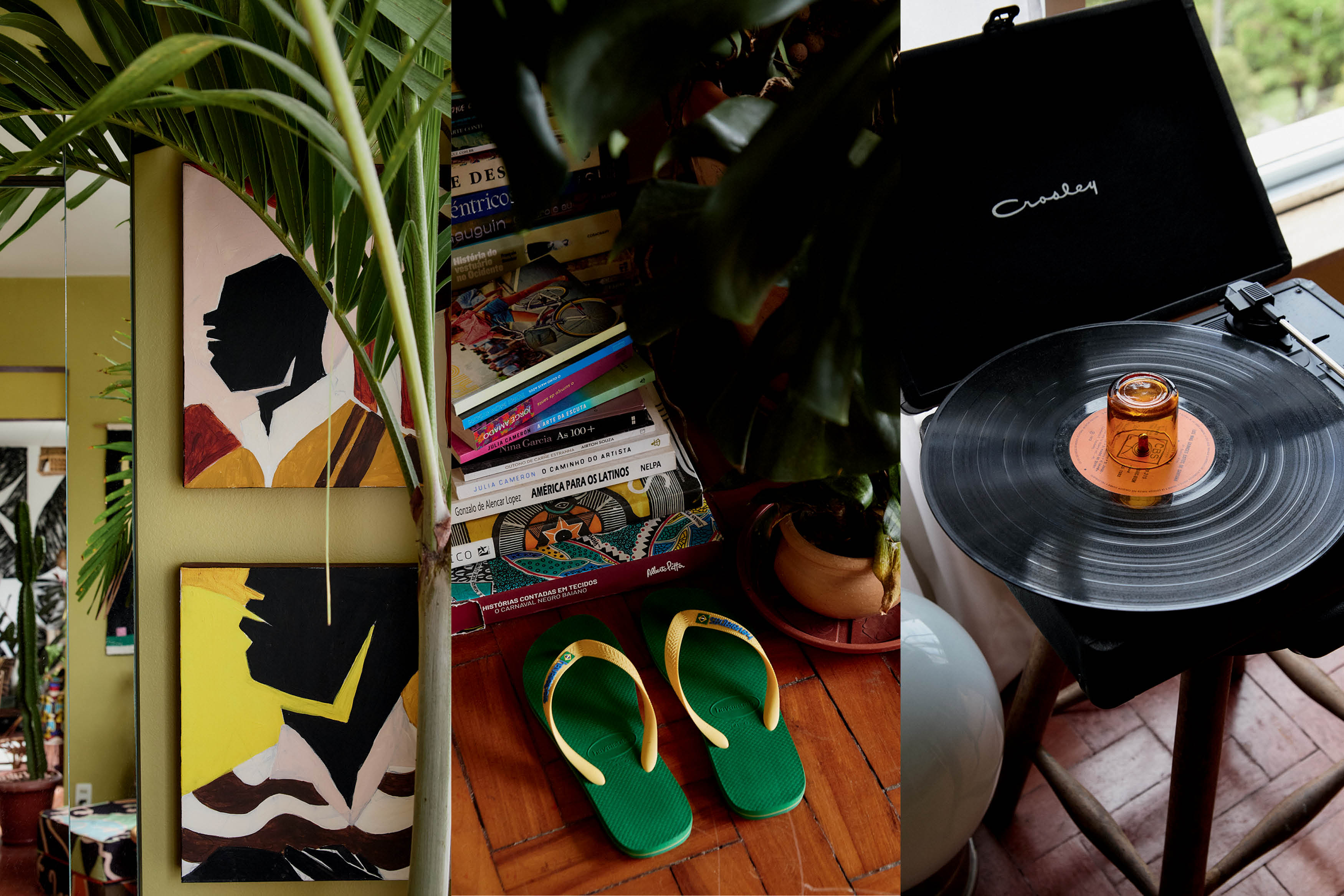 Quadros de pintura, chinelo verde no ch&atilde;o e disco de vinil.