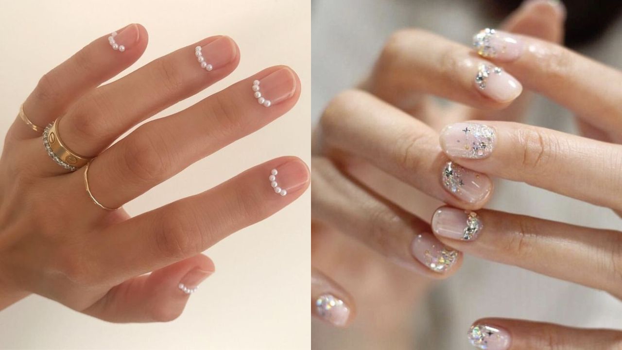 Duas imagens com inspira&ccedil;&otilde;es de nails arts com francesinha invertida e pedrarias