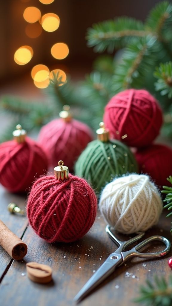 Bolas de Natal vermelhas, verde e branca feitas com barbante.