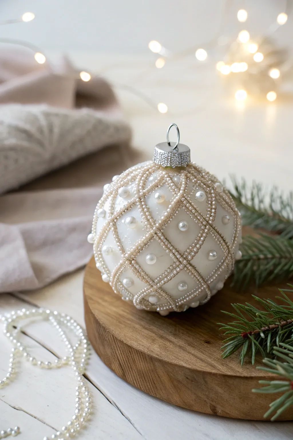 Imagem de bola de Natal com p&eacute;rolas.