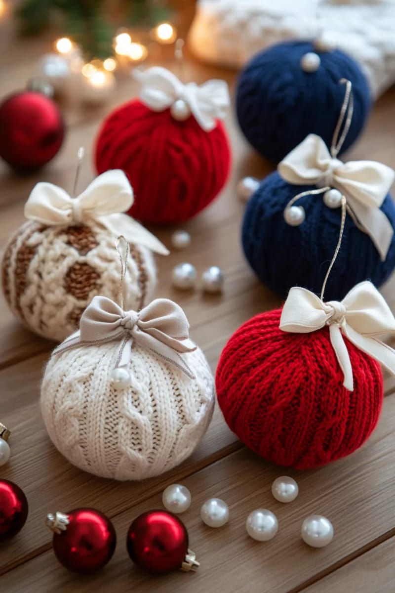 Imagem de bolas de natal branca, marrom e azul, feitas em croch&ecirc;.