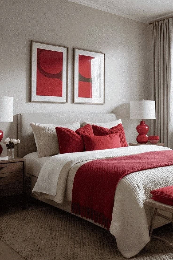 Quarto decorado com detalhes Cherry Red, incluindo manta, almofadas e lumin&aacute;rias vermelhas, combinados com roupa de cama off-white e paredes neutras. O ambiente ilustra como o vermelho-cereja pode adicionar sofistica&ccedil;&atilde;o e acolhimento ao dormit&oacute;rio