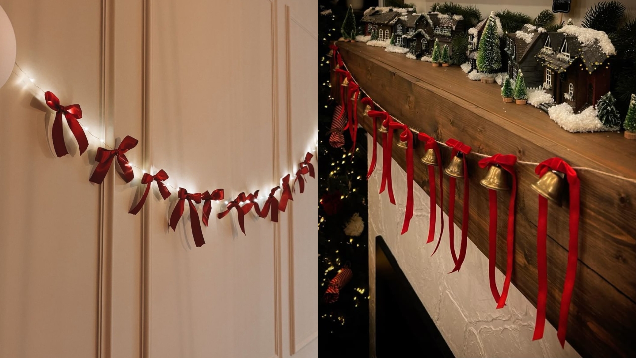 Duas fotos mostrando paredes decoradas com cortina de la&ccedil;os vermelhos.