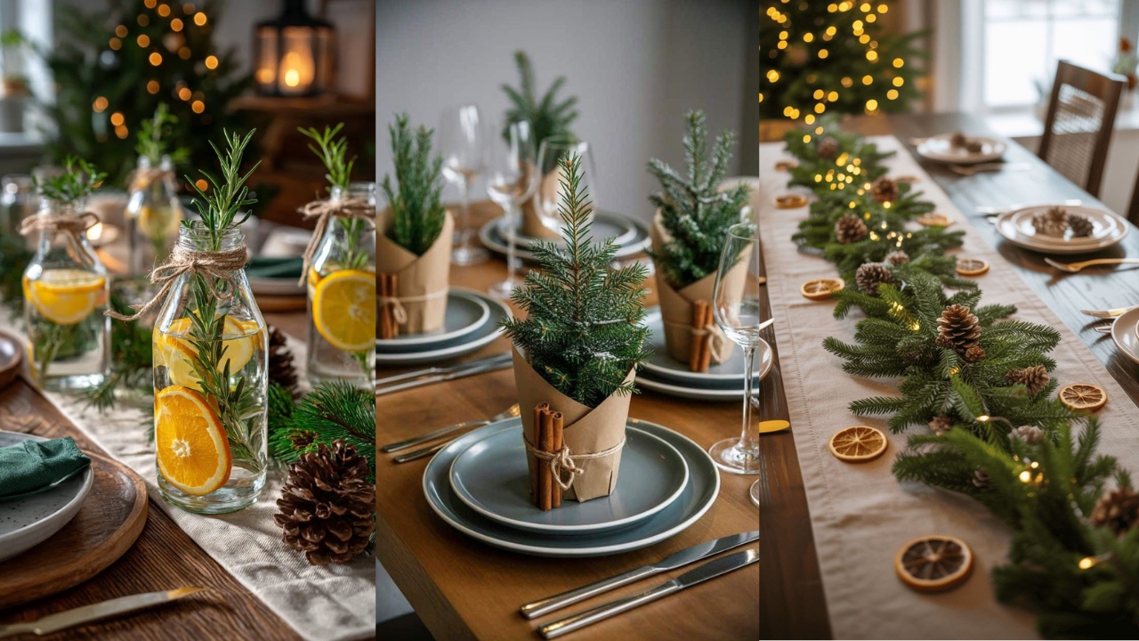 Mesa posta de Natal decorada com plantas, rodelas de laranja secas e fest&otilde;es