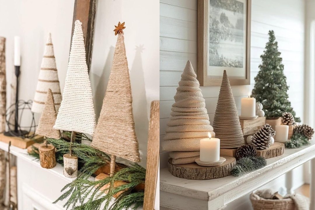 Mini &aacute;rvores de natal feitas com elementos naturais como barbantes, sisal e tecidos