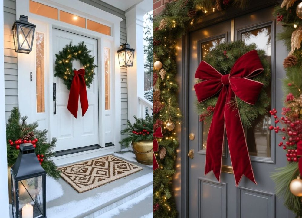 Porta de entrada decorada com guirlandas de natal