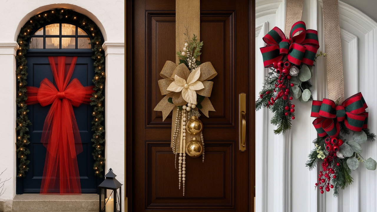 Tr&ecirc;s portas de casas decoradas com la&ccedil;os natalinos