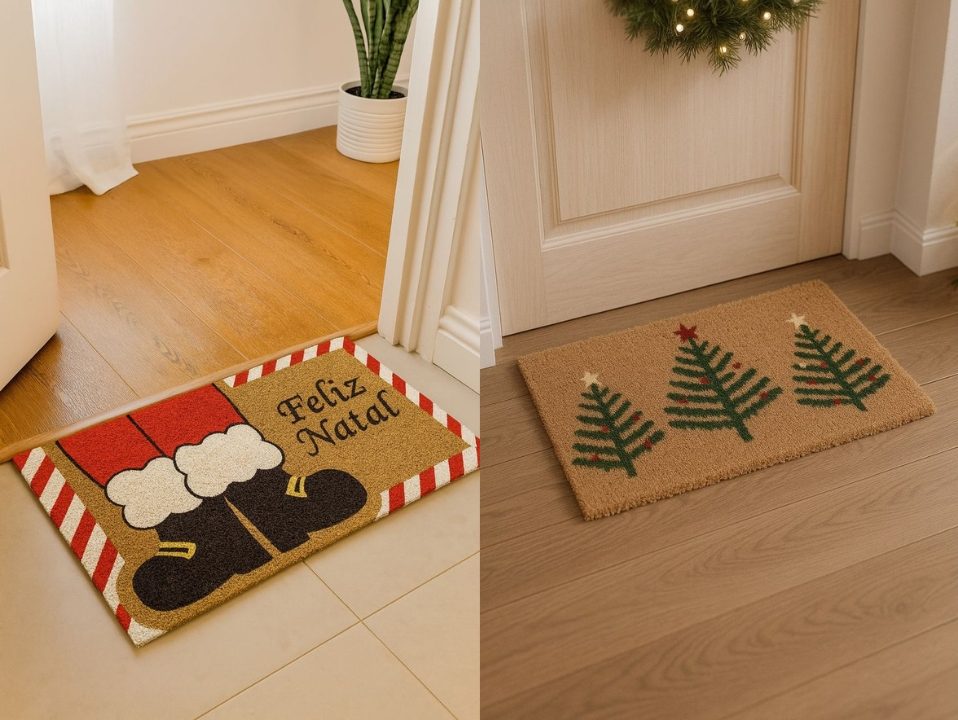 Tapetes natalinos na porta de entrada de casas
